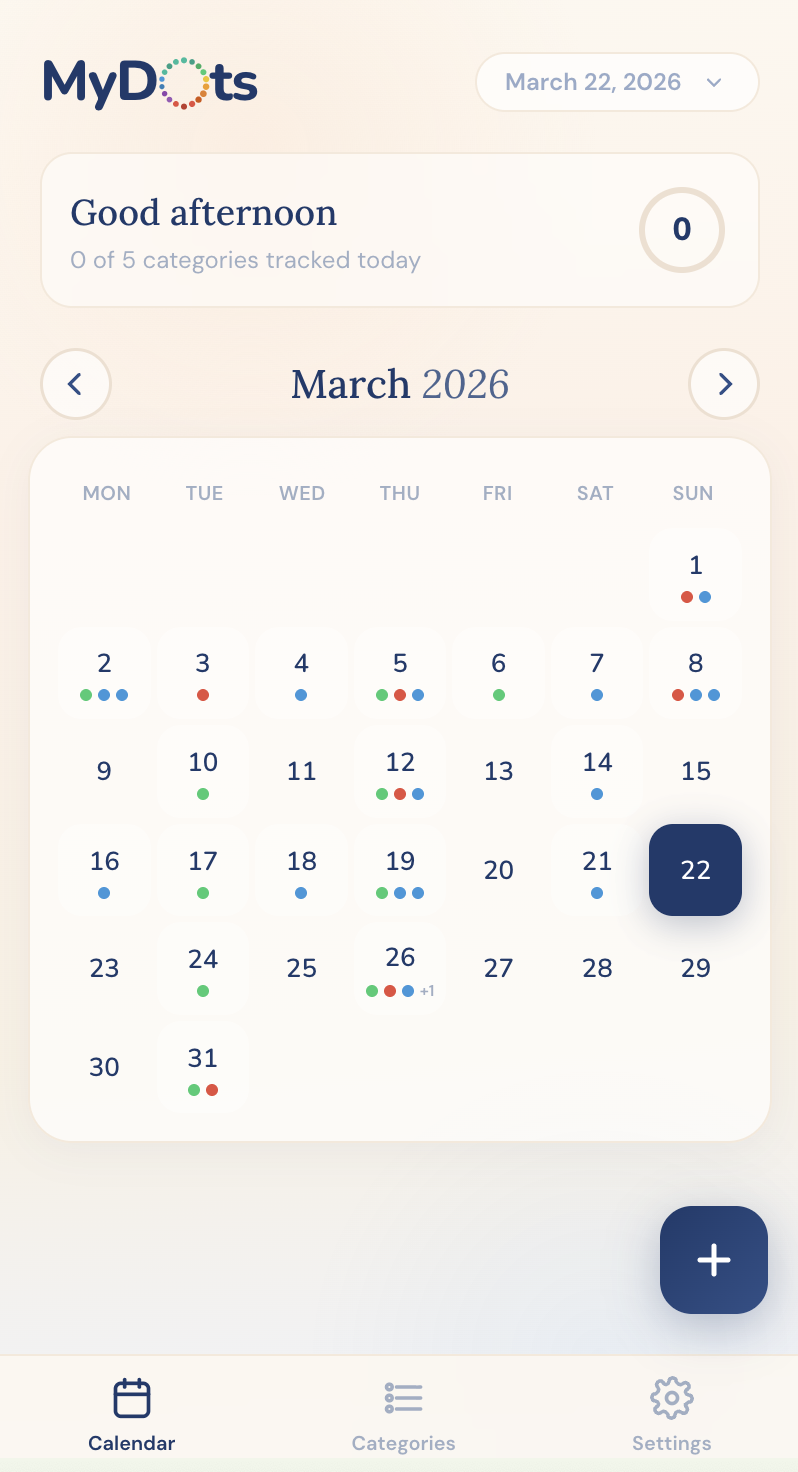 MyDots calendar view showing monthly dots