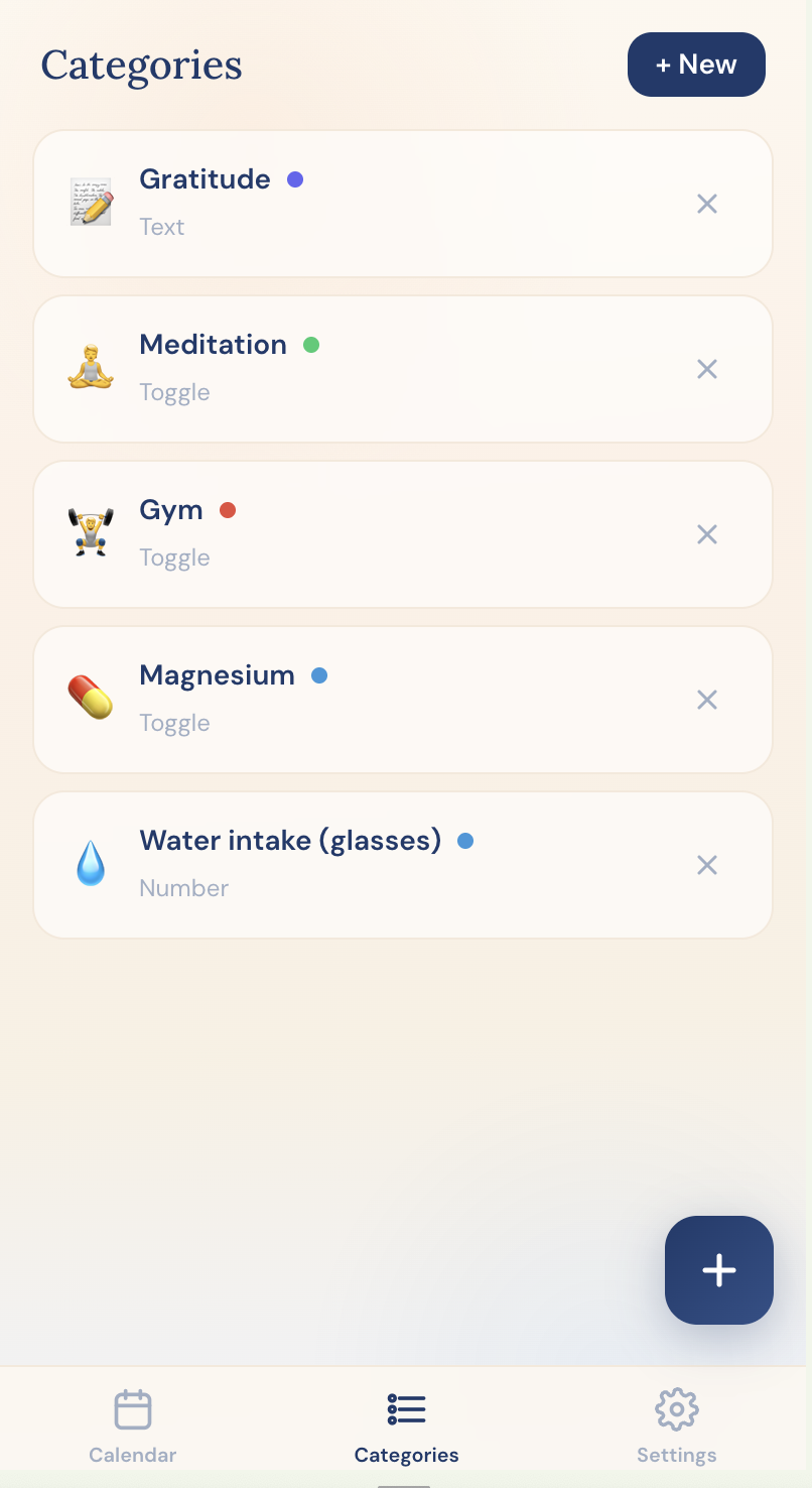 MyDots categories view with custom trackers